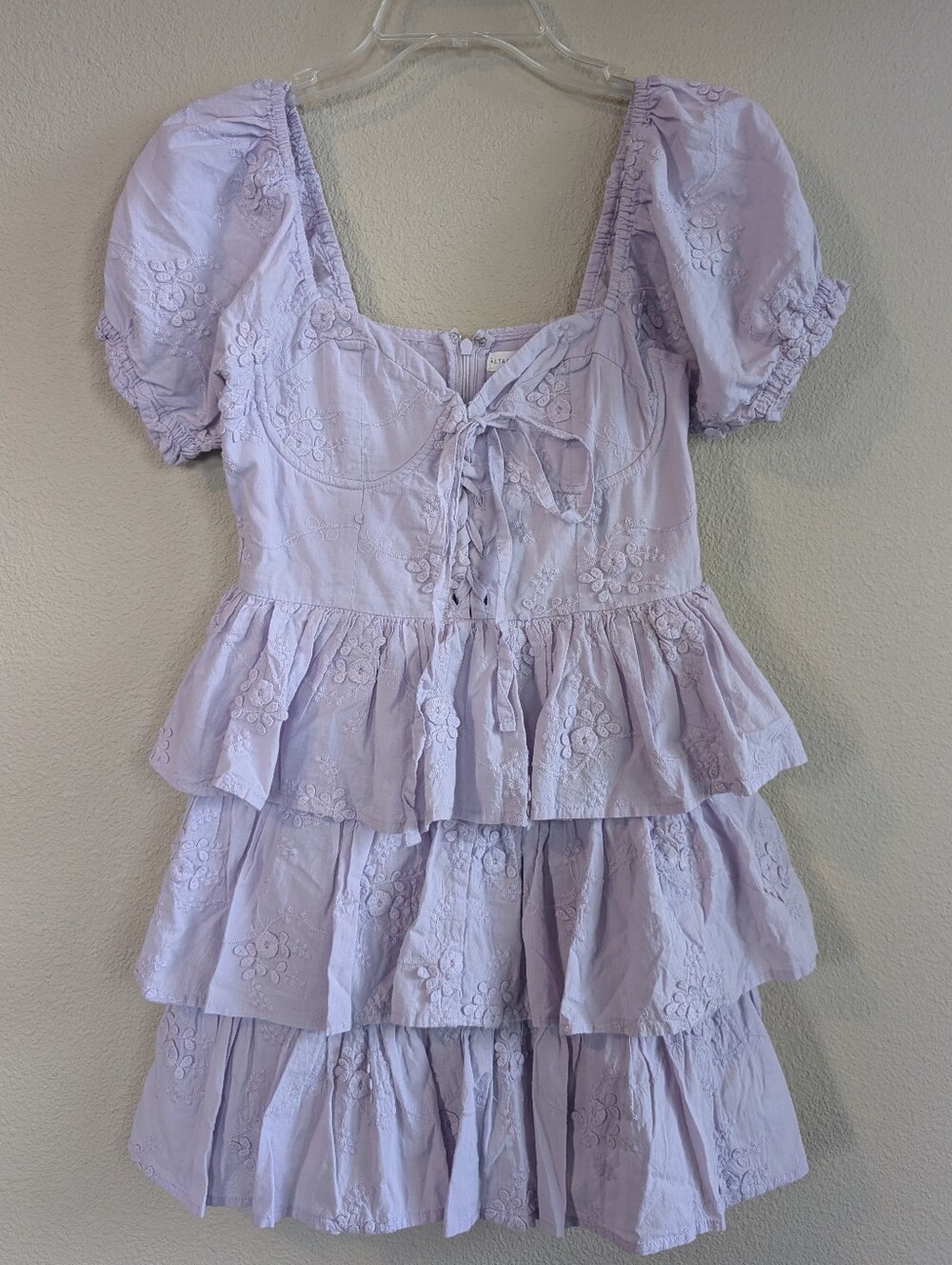 Altar'd State Size Small Lilac Eyelet Tiered Mini Dress Puff Sleeves Embroidered